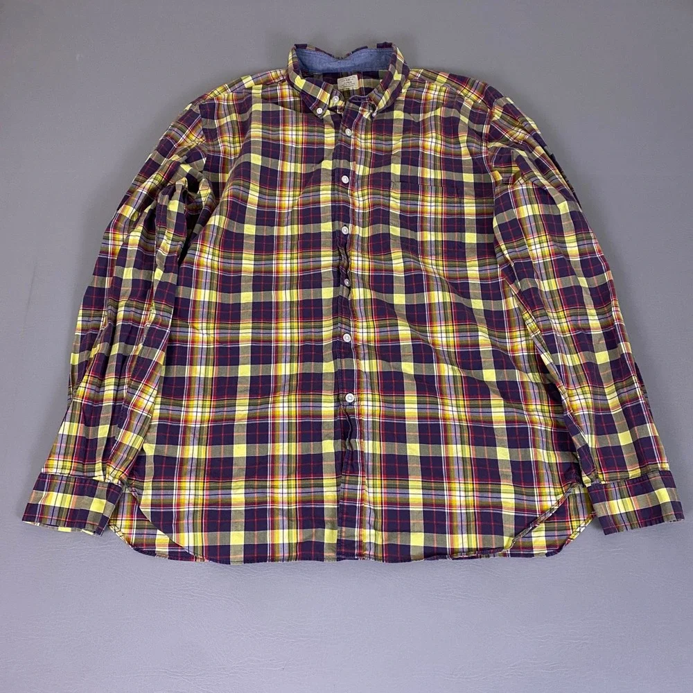 J.Crew 2 Ply Button Down Shirt Men's Size XL Plaid Purple Yellow 100% Cotton